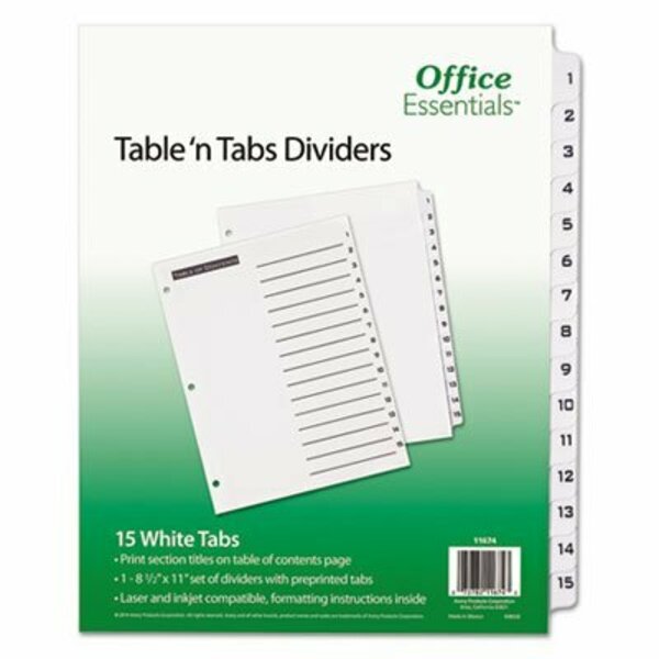 Avery Dennison Office Ess, TABLE 'N TABS DIVIDERS, 15-TAB, 1 TO 15, 11 X 8.5, WHITE 11674